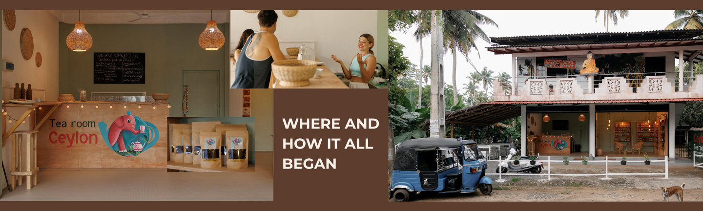 Pink Elephant "My Story" banner: photo collage on a coffee-brown background — founder's portrait, a Sri Lankan tea factory with workers, hands holding tea leaves, and finished product packaging among scattered spices, caption "where and how it all began"