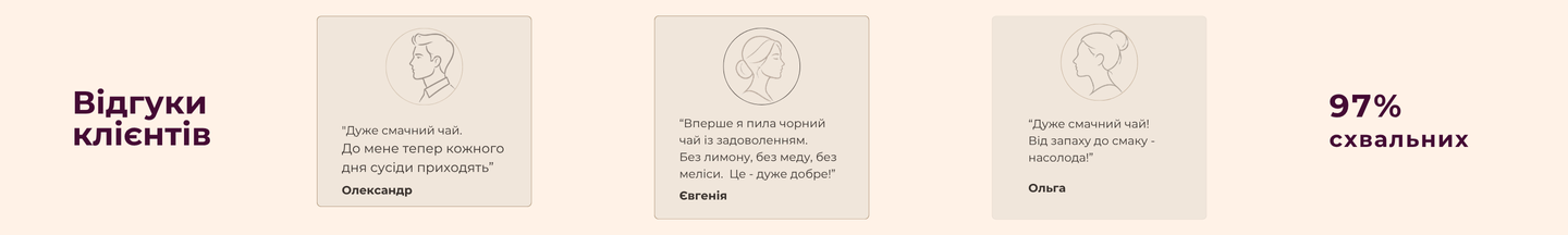 Банер відгуків клієнтів Pink Elephant: три відгуки від Олександра, Євгенії та Ольги про смак чаю, а також показник 97% схвальних відгуків