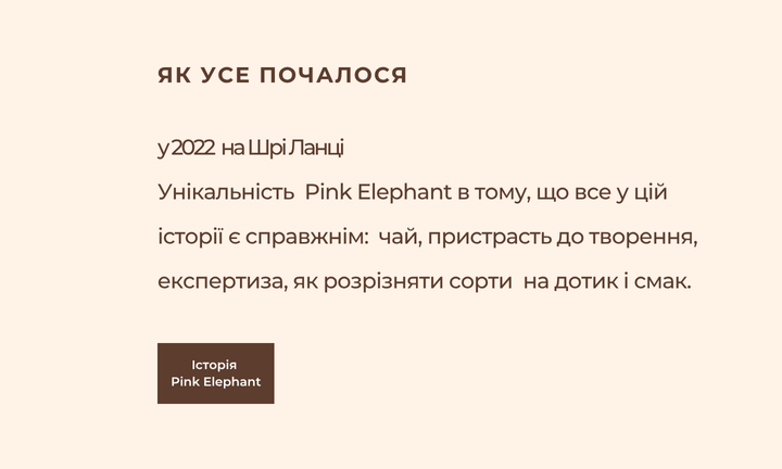 Текстовий блок Pink Elephant "Як усе почалося у 2022 на Шрі-Ланці" про справжність історії бренду: чай, пристрасть до творення та експертизу в розрізненні сортів на дотик і смак, з кнопкою "Історія Pink Elephant"