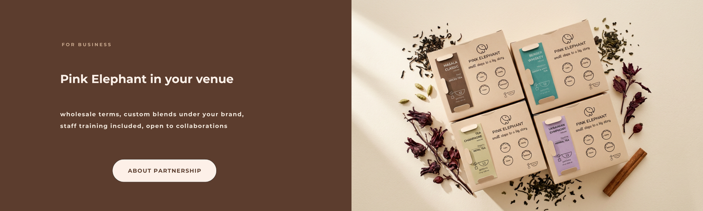Pink Elephant partnership banner on a coffee-brown background: four tea blend boxes (Masala Classic, Berber Whiskey, Tea Champagne, Ukrainian Symphony) among scattered spices, text "Pink Elephant in your venue" with wholesale partnership details
